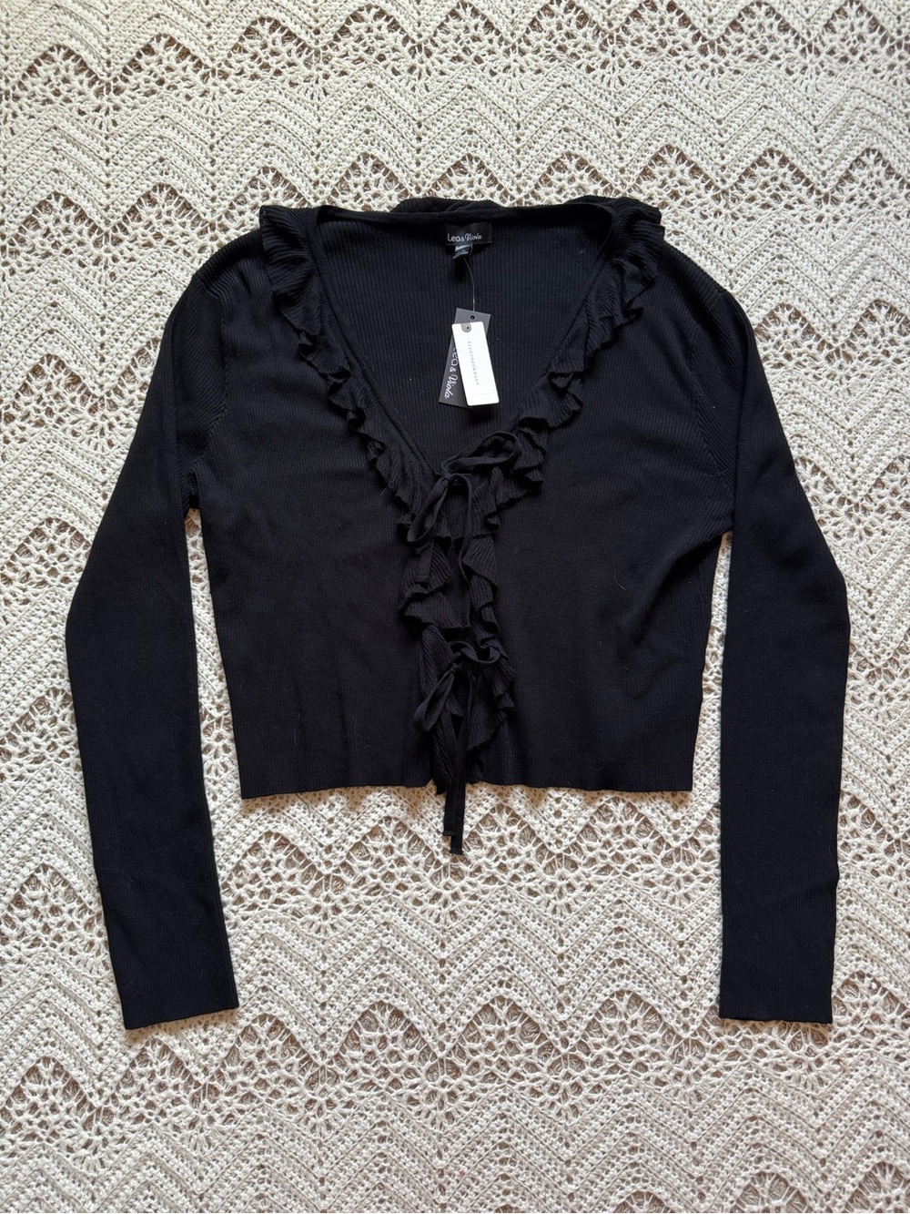 NWT Anthropologie Ruffle Black Tie Front V Neck Ribbed Knit Cropped Cardigan